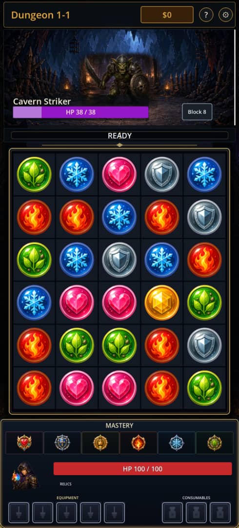 Orbwalker combat screenshot showing enemy intent, orb board, mastery, HP, equipment, relics, and consumables