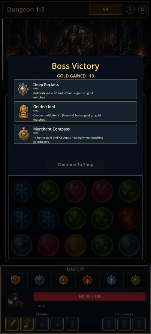 Orbwalker boss victory screenshot showing three relic choices after combat