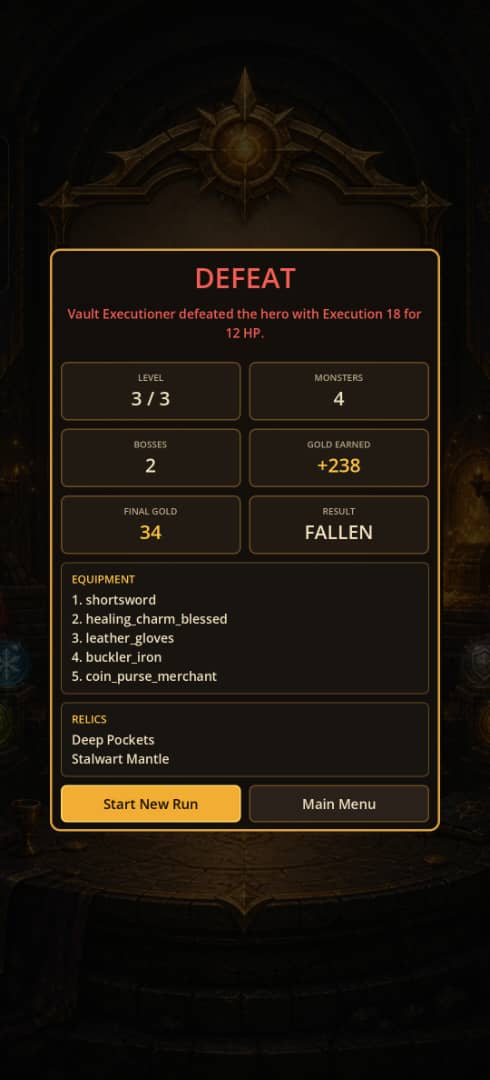 Orbwalker run summary screenshot showing defeat, level, monsters, bosses, gold, equipment, and relics
