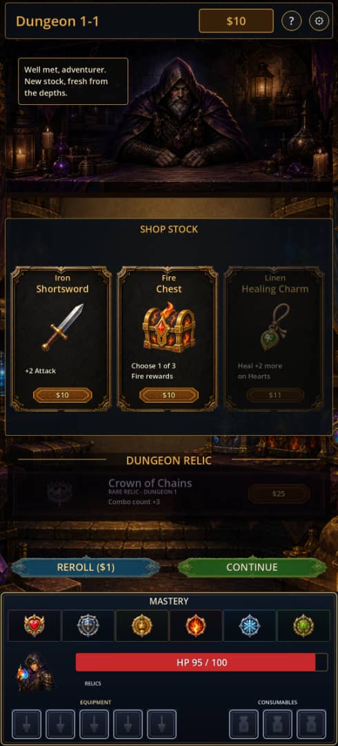 Orbwalker shop screenshot showing item cards, dungeon relic, reroll, continue, mastery, HP, and inventory slots